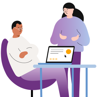 Illustration med två personer vid en dator, en sittande och en stående.